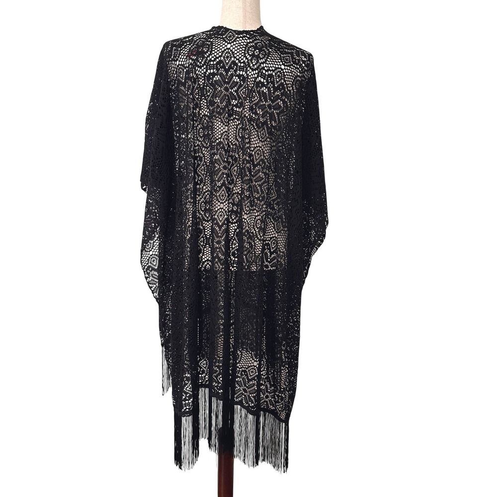 VTG Black Crochet Lace Kimono Fringe Swim Cover Up Boho Festival Whimsigoth OS - Picture 6 of 8
